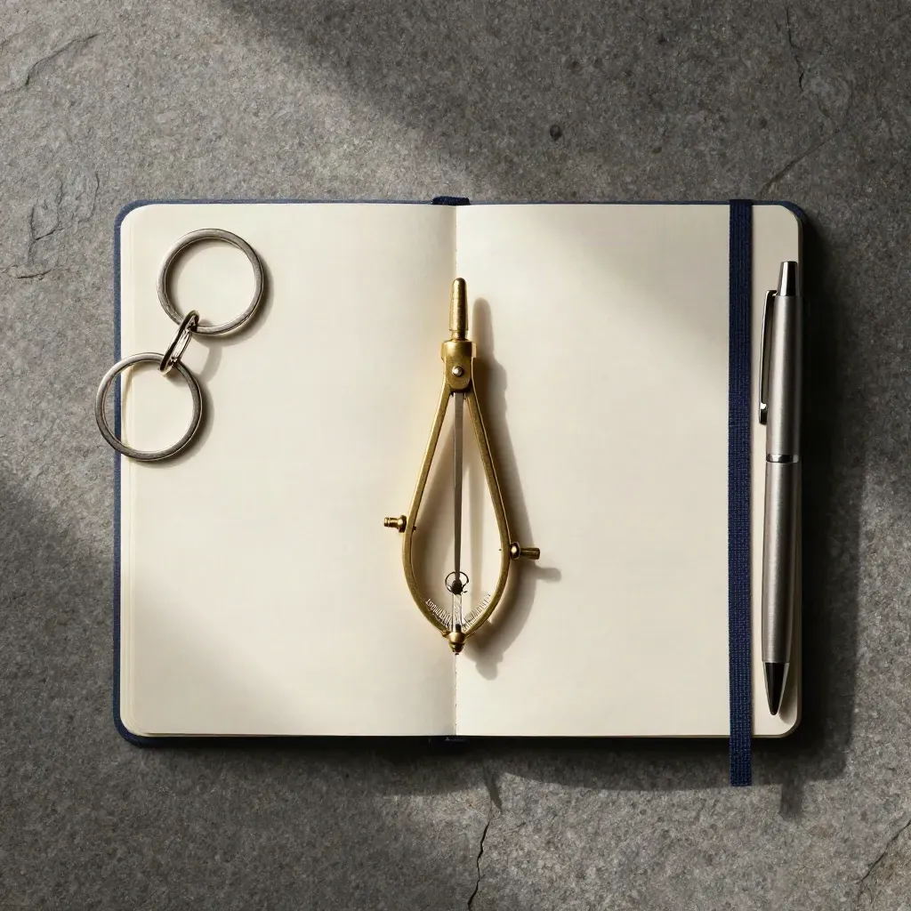 Overhead flatlay of a compass, key ring, notebook and pen on stone
