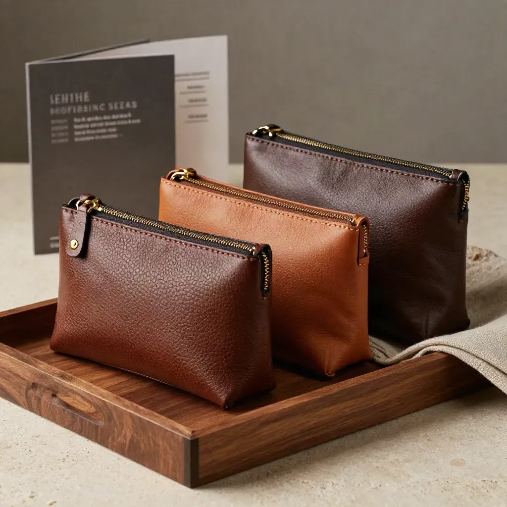 Three leather travel pouches arranged on a walnut tray with warm light and a folded linen accent.