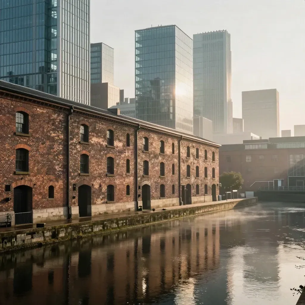 Golden-hour Manchester canal skyline with wet brick, towers and misty water