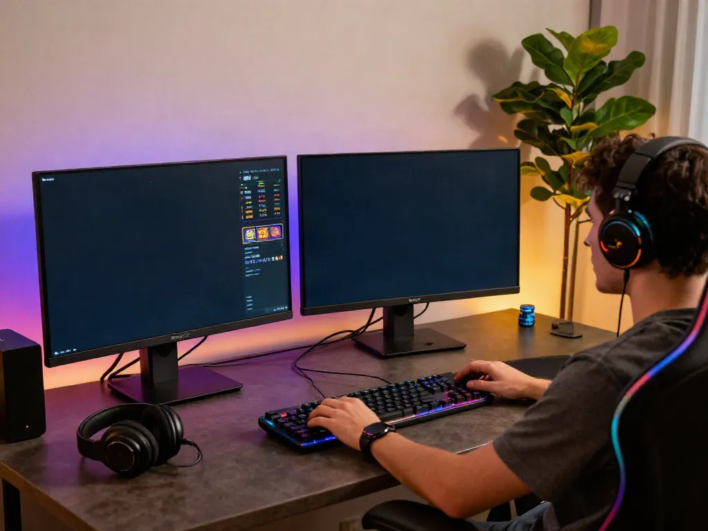Engaged player at a sleek gaming setup at https://9bet.ru.com/ displaying sports betting odds and vibrant slot graphics.