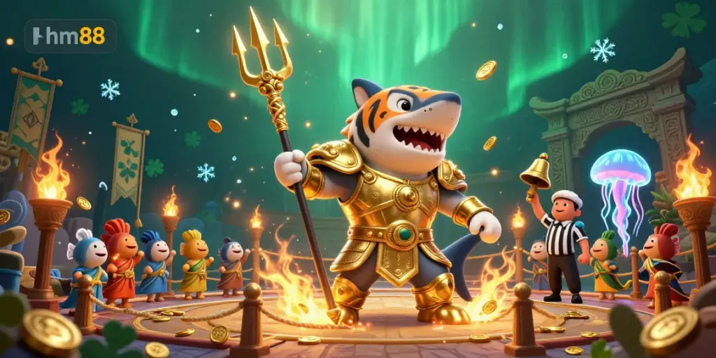 Experience thrilling gameplay at hm88 with a vibrant underwater casino scene featuring a gladiator shark and exciting betting tokens.