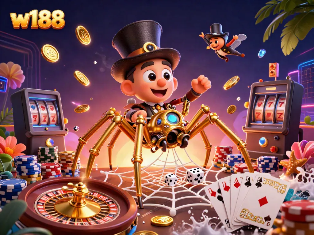Engage with thrilling w188 gaming action featuring a lively steampunk spider and fly gentleman amidst dynamic casino elements.