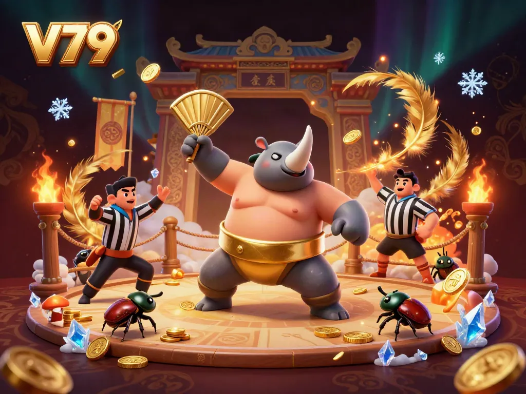 Experience thrilling moments at V79 with a dynamic 3D casino scene featuring a beetle sumo champion.