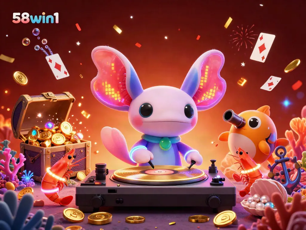 Join the fun at 58win1 with a vibrant underwater DJ party featuring colorful characters and exciting treasures!