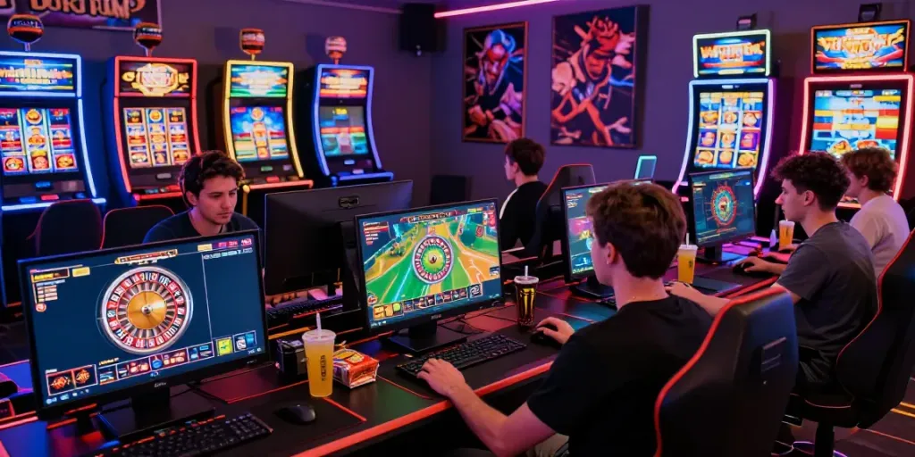 Exciting scene of players at a casino not on gamstop, focused on colorful online gaming consoles.