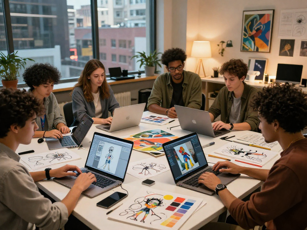 Artists collaborating on innovative ai nsfw art concepts in digital studio.