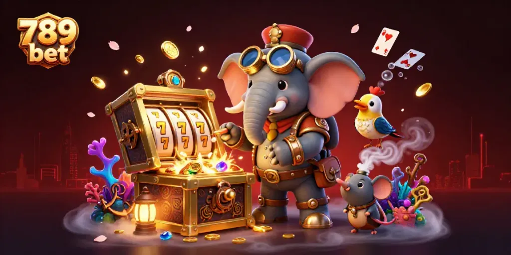 Experience the excitement of 789 bet with a vibrant steampunk casino scene featuring a golden slot machine.