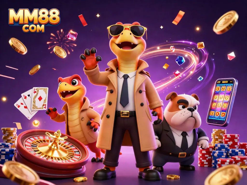 Experience the excitement of MM88 COM with raptors and a bulldog in a thrilling casino setting.
