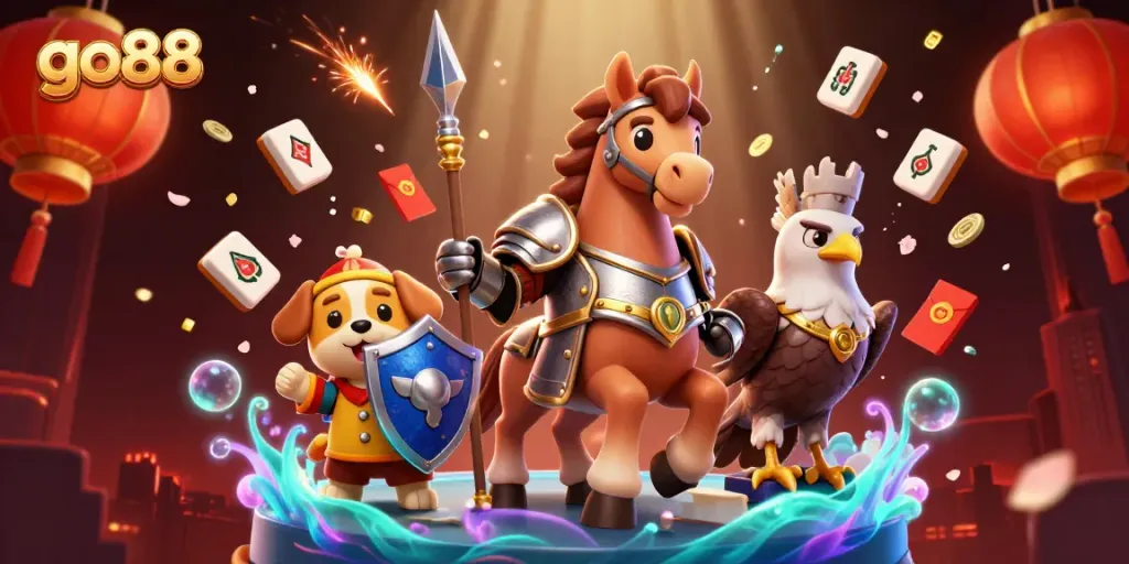 Engage in thrilling gaming at go88 featuring medieval knight, horse, and festive elements.