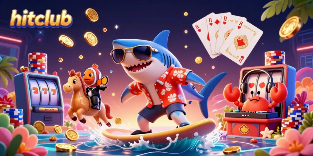 Experience the thrill of hitclub with a shark surfing gold coins while winning big!