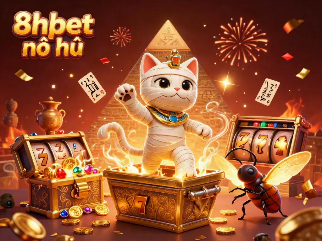 Experience the thrill of 8xbet nổ hũ with a vibrant illustration of a 3D cartoon Egyptian mummy cat and premium slot components exploding with excitement.