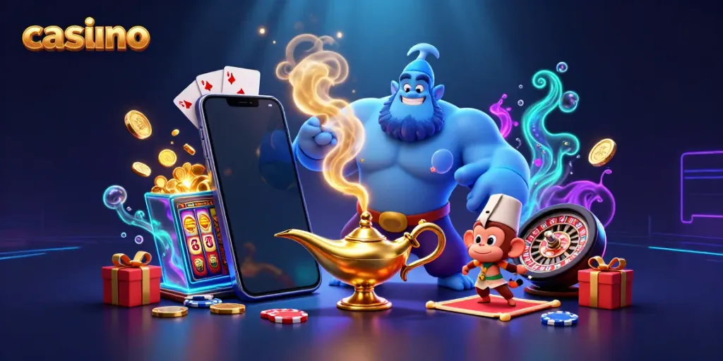 Experience the excitement of a casino with a genie, monkey, and poker chips amidst glowing visuals.