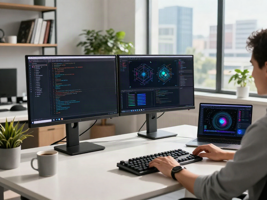 Developer optimizing a multi-model API in a bright tech workspace.