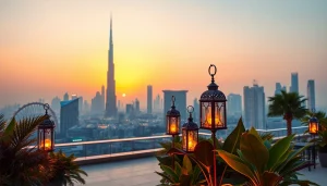 Experience the dazzling skyline and sunset view while traveling to Dubai, featuring the iconic Burj Khalifa.