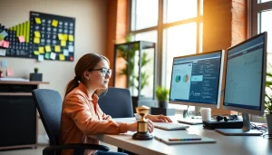 Gamification developer focused on creating engaging user experiences in a vibrant workspace filled with game elements.
