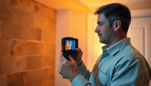 Expert performing Thermal Imaging Leak Detection with advanced camera technology in a home.