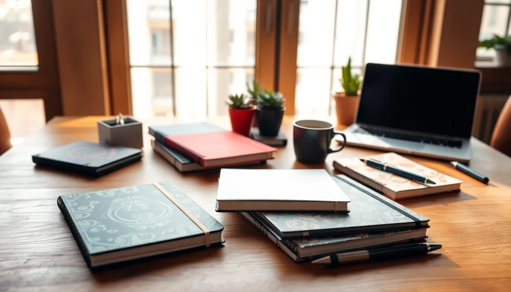 Explore custom printed notebooks with unique designs on an elegant wooden desk setting.