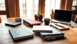 Explore custom printed notebooks with unique designs on an elegant wooden desk setting.