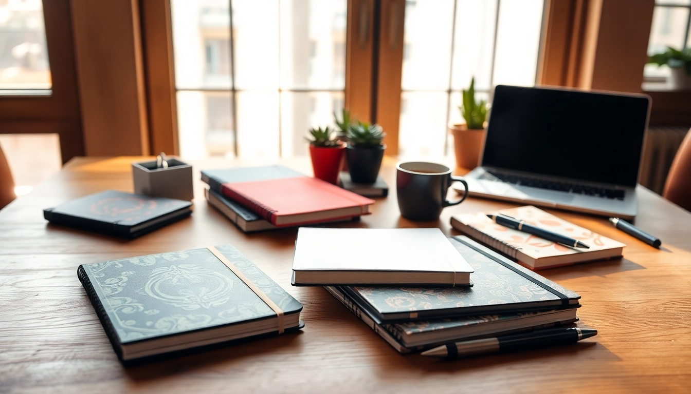 Explore custom printed notebooks with unique designs on an elegant wooden desk setting.
