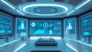 Interact with Janitor AI at a high-tech control center, showcasing AI character interactions.