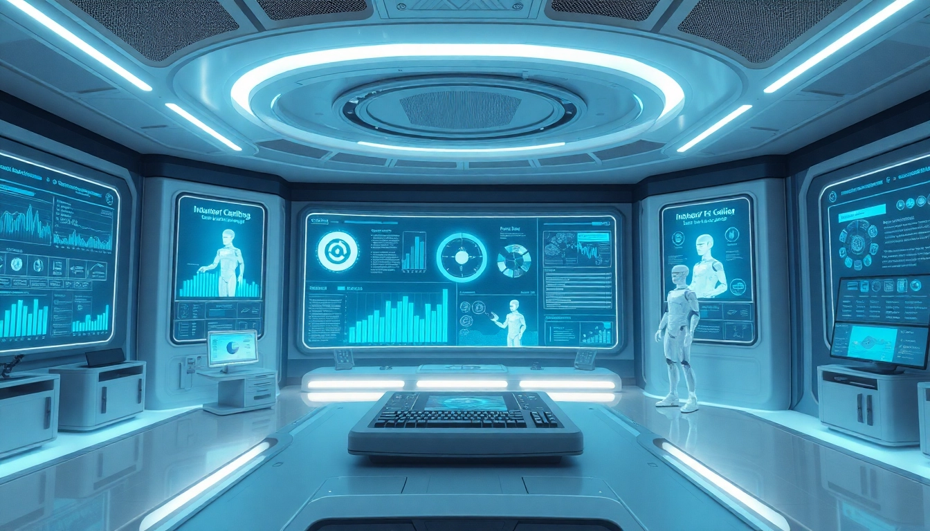 Interact with Janitor AI at a high-tech control center, showcasing AI character interactions.