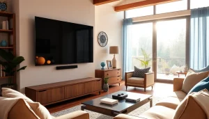 Experience the latest iron TV technology in a cozy home entertainment setup.