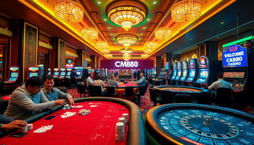 Experience CM88 Casino's thrilling atmosphere with players at poker tables and vibrant slot machines.