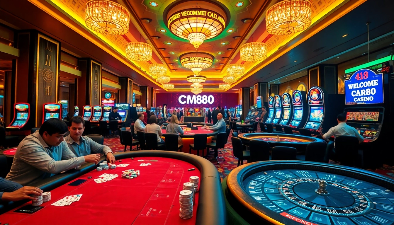 Experience CM88 Casino's thrilling atmosphere with players at poker tables and vibrant slot machines.