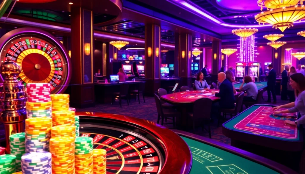 Exciting gambling scene at KJC AC 3 casino featuring poker chips, tables, and a roulette wheel.
