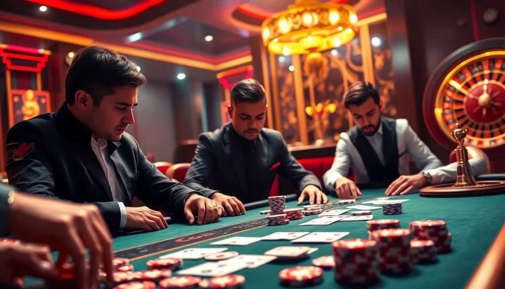 Experience the thrill of King88 com as gamblers play cards and spin a roulette wheel in a luxurious casino setting.
