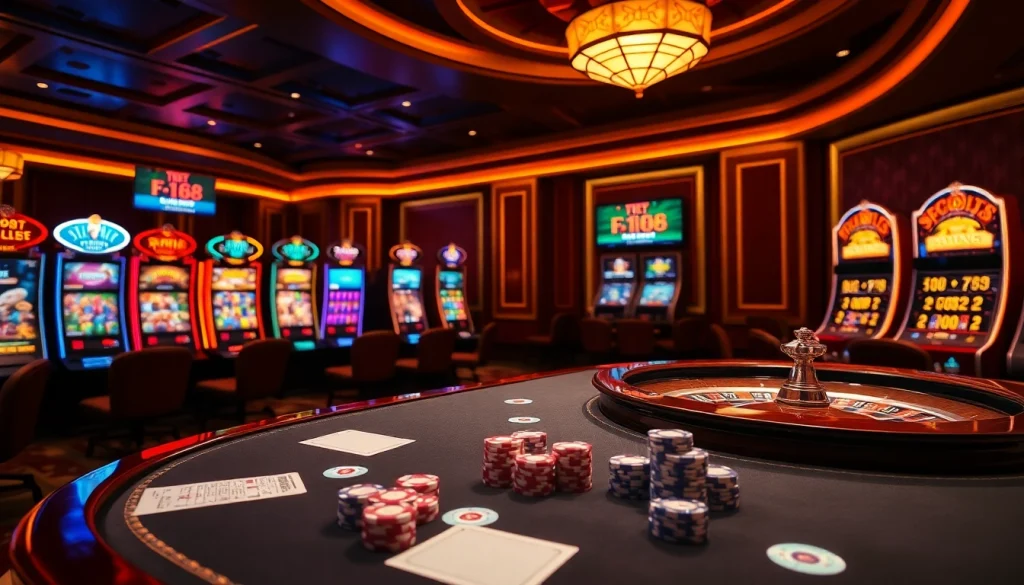 Experience thrilling gameplay at F168 with vibrant poker tables and illuminated slot machines.