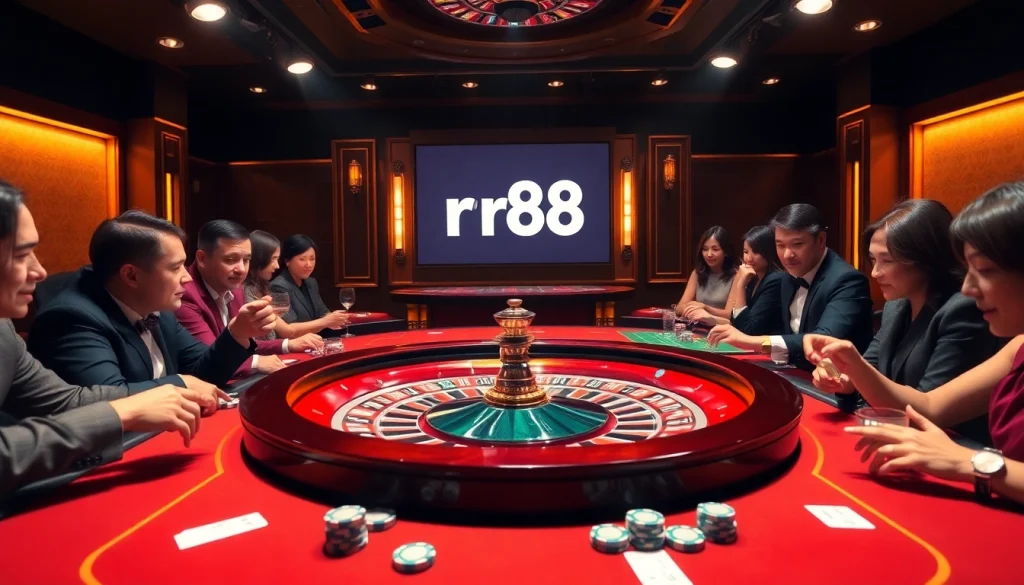Excited players engaging in roulette at rr88 casino with vibrant atmosphere and casino chips.