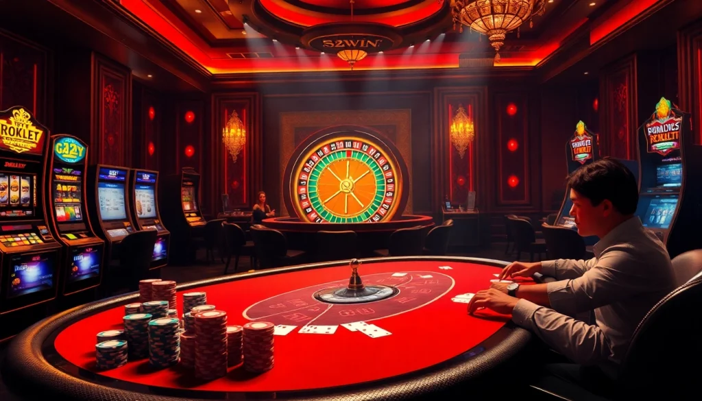 Exciting poker game at a luxury casino highlighting the thrilling 52WIN experience with vibrant chips.