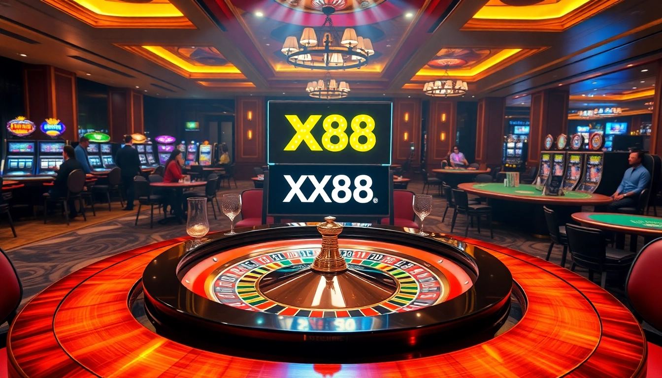 Experience the thrill at XX88 casino, featuring energetic players at a roulette table with vibrant chips and strategic gameplay.