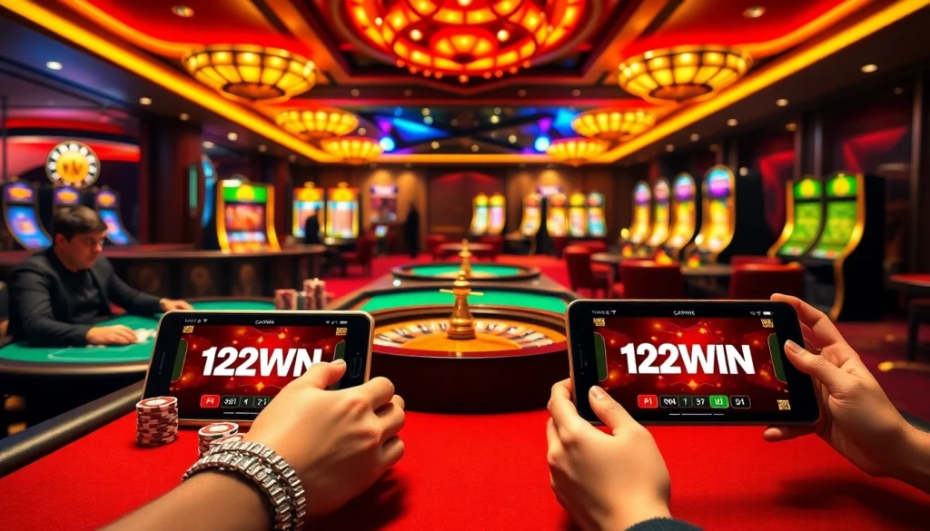 Experience the thrill of online gambling at https://123win.free/ with vibrant casino visuals of poker games and mobile betting.