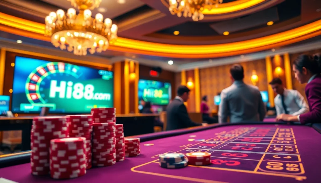 Experience the excitement of online gambling with Hi88com, featuring vibrant poker chips and a roulette wheel.