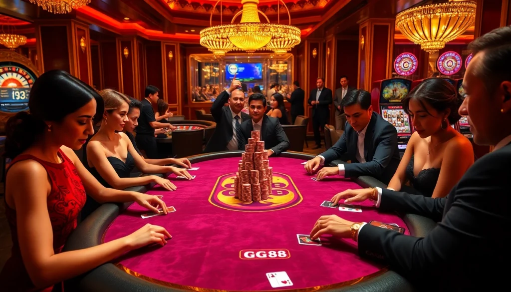 Players enjoying a game at GG 88's luxurious casino table, surrounded by vibrant poker chips and cards.