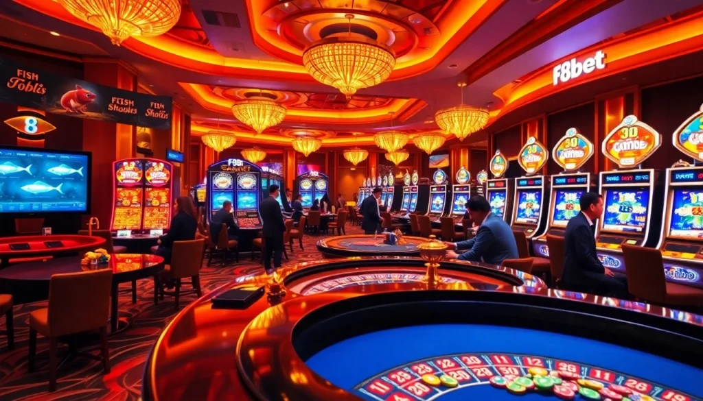 Engage in thrilling games at F8bet's luxurious online casino featuring vibrant slot machines.