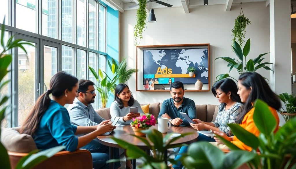 Dynamic co-working space illustrating Hela Ads digital advertising interactions.