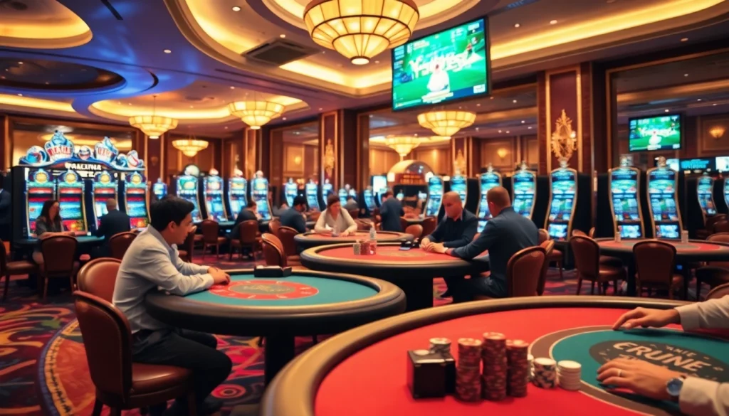 F168 Casino scene featuring vibrant slot machines and excited players gambling.