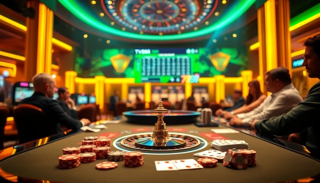 Engaging gambling scene showcasing tv88 online interface with poker chips and roulette wheel.