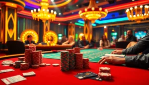 Engaging high-stakes poker scene showcasing 상품권신용카드 transactions at a luxurious casino table.