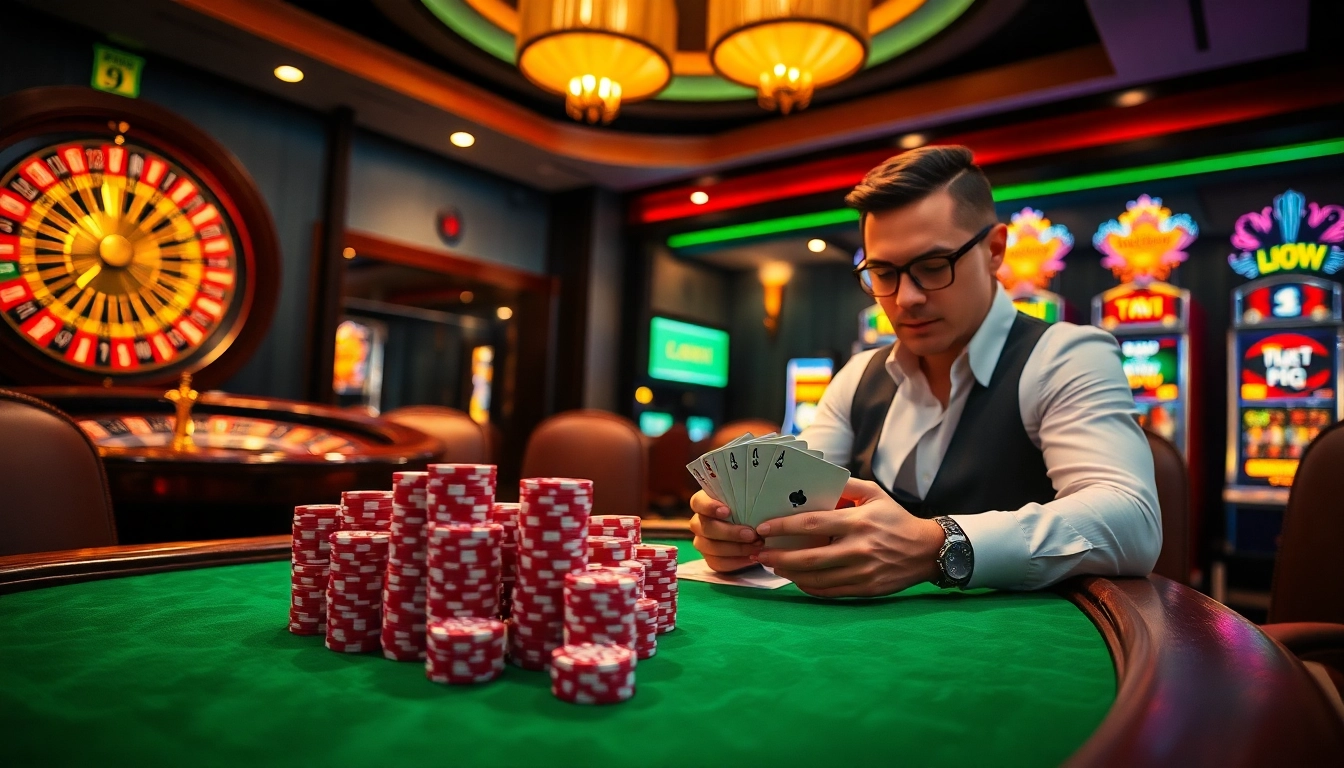 Poker chips and playing cards in a vibrant casino scene at nhà cái usbet.