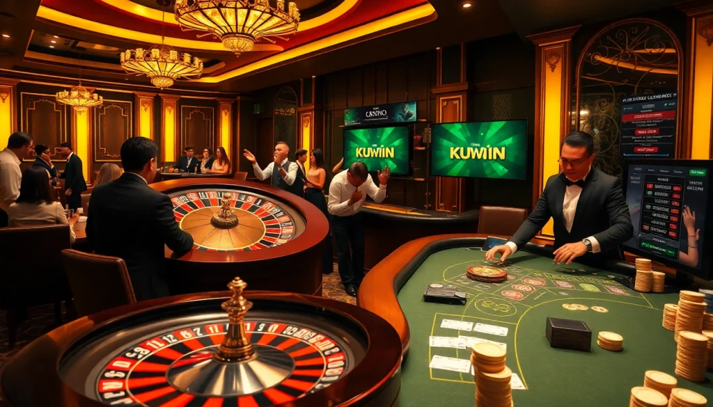 Players enjoying a thrilling game at https://kuwinzhz.com/, featuring a lively roulette wheel and professional dealer.