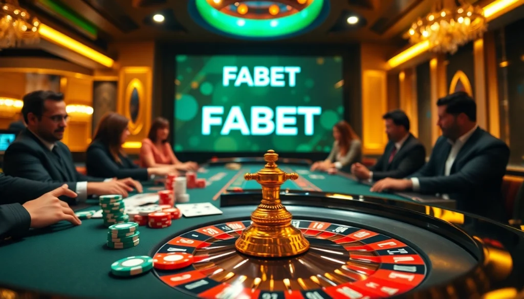 Experience the excitement of online gambling with FABET at the casino table, complete with vibrant poker chips and cards.