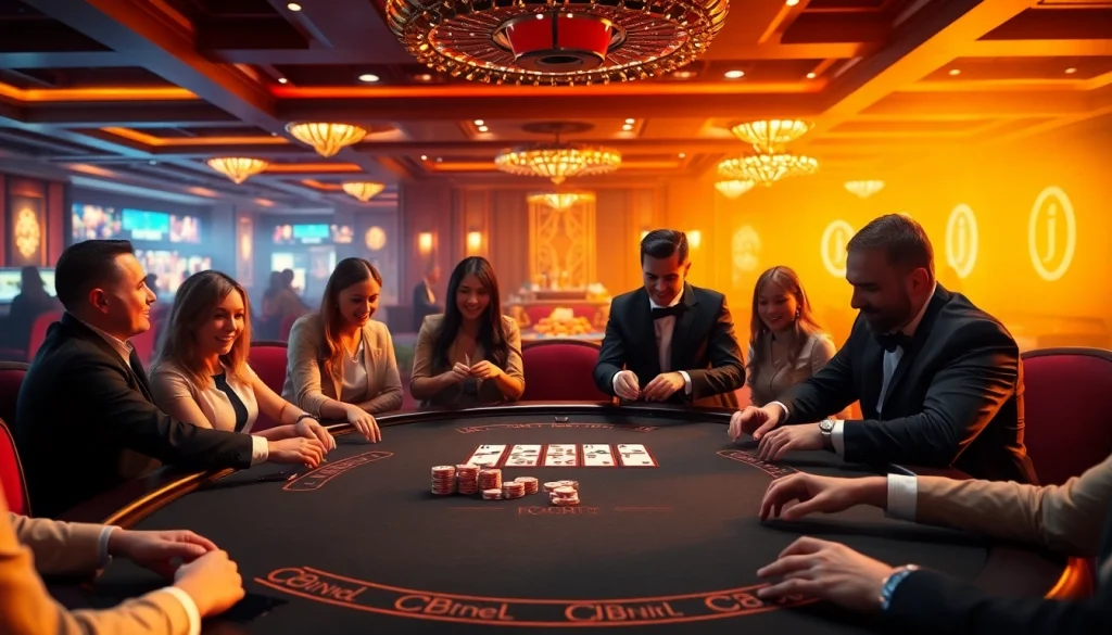 Players engaging in a thrilling poker game at EE88 casino, showcasing excitement and luxury.