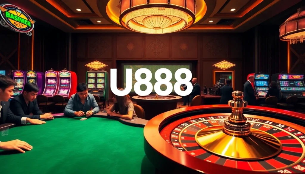 Engaged players enjoying a thrilling U888 experience at a luxurious casino poker table.