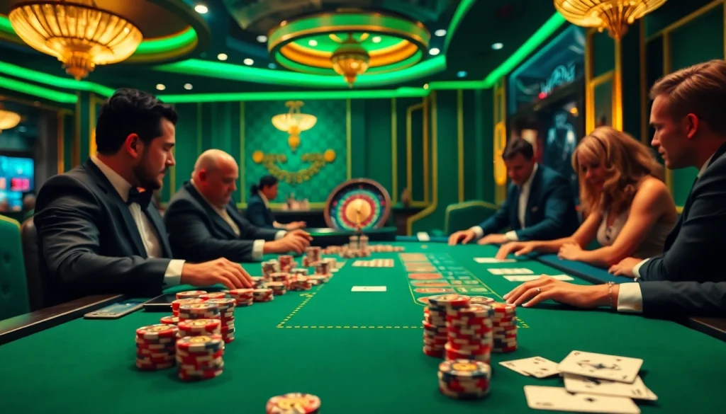 Players enjoying a thrilling poker game at XX88 casino table, surrounded by vibrant atmosphere.