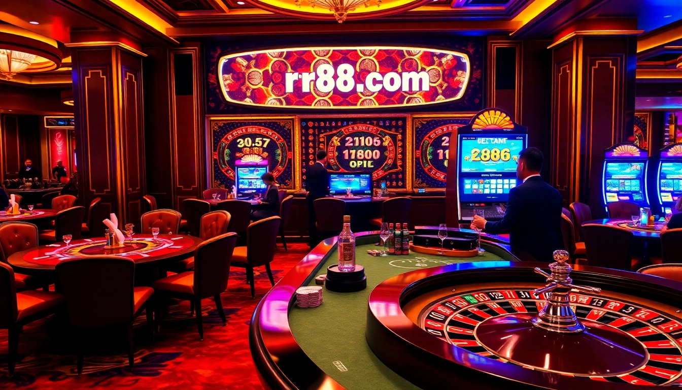Gamblers enjoying an exciting casino experience at rr88.com with poker tables and vibrant slot machines.