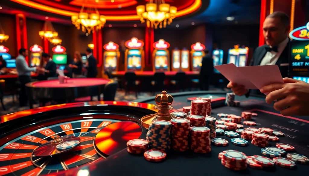 Players enjoying a thrilling Bugatti8 casino experience at luxurious gambling tables with vibrant elements.